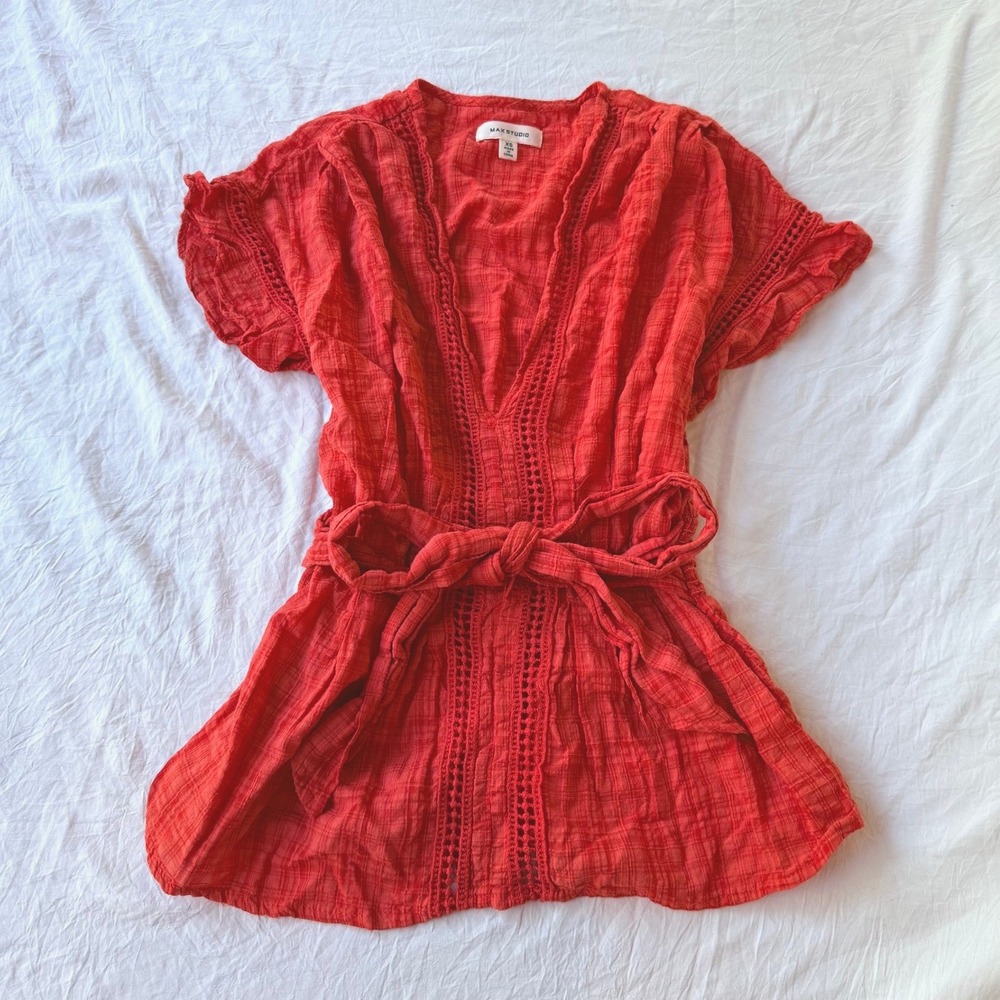Max Studio Red Gauze Crochet Lace Wrap Blouse Top XS A701C36